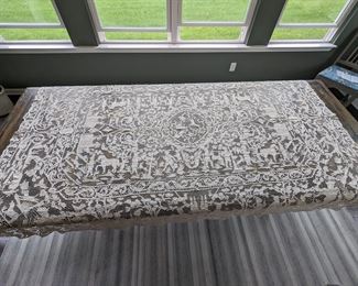 8.)  Amazing Handmade Belgian Lace Tablecloth.  Folk Art, hunting scene.  Figural with dogs, horses, birds, and boars, deer, and castles.  There is some linen discoloration and an occasional minor breaks and mending.   96" long x 62" wide.   $500.00