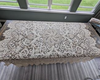 5a.)  ca 1900 Flemish Bobbin Lace Bedspread.  Gold Hew.   Linen tape lace - Belgian.  Probably handmade.  3 dimensional circular medallions.  Heavily scalloped.  Some age discoloration.   1st of 2.  A matching bedspread is available.   96" x 90".   1 of 2  $685.00 for 1 or  $1250.00 for both.  (see next picture for 2nd bedspread. 