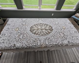 3.)  ca late 1800's,  Mixed Lace Tablecloth.  Flemish Lace, Milanese, Bobbin Lace, Reticella.  Center is Italian Needle Lace.   90" long x 84" wide.     $725.00       
