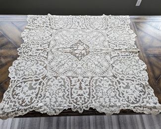 30.)  ca 1910 Milanese Tablecloth.  minor discoloration, some stains.  48" square.  $155.00