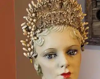 5)  ca 1920's Floral Wax Bridal Wedding Headpiece.  Headpiece is a 2 tier wrapped wire frame.  Top row is large wax orange blossom buds with small open orange blossoms below.  Bottom tier is small buds with paper(?) flowers and leaves in between.   Excellent condition.    $190.00  