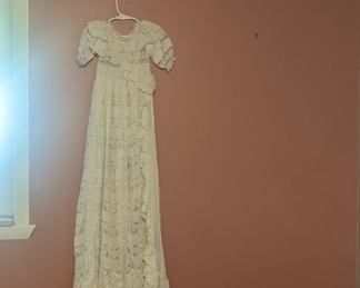 5.)  Beautiful Christening/Baptismal gown.  Linen Batiste with embroidery and French lace.   1 tiny hole in linen and 1 - 1" seam needing to be resewn.  Otherwise, Excellent condition.    Measures:  shoulder to shoulder - 8",  length - 42".  $275.00