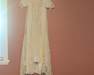4.)  Exceptional Edwardian Christening/Baptismal gown with slip.  Princess lace , Belgian lace, silk.  Excellent condition.  Measures:  shoulder to shoulder 8", front length 32", back length 39".    $195.00