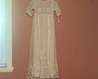 3.)  Edwardian  christening/baptismal gown.  Princess lace.  Ribbons.  Measures:  Shoulder to shoulder - 8",  Length - 33".  Excellent condition.  $95.00