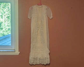  1.)  Antique Christening/Baptismal gown.  Valenciennes and Bobbin Lace, Swiss Batiste, Lace inserts with pleating.   Ivory colored slip. (original ?) Measures:  shoulder to shoulder - 9",  length - 39".    Excellent condition.  $175.00