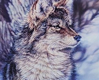 Signed, limited edition print of a wolf in snow, #149/670, entitled "Belly Deep And Blowin'" by Casper Wyoming artist Vivi Crandall. 19 1/2" x 14 1/2" in a 29" x 24" frame. 