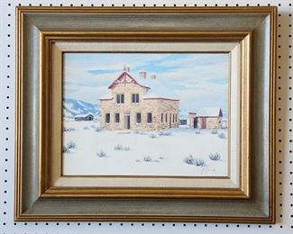 14" x 18" original oil painting of the historic Casper, Wyoming Goose Egg Ranch in Winter, entitled "Goose Egg",  by Casper artist Marie Dorothy Dolph (1884-1979). Large Dolph paintings like this one are very hard to find. Most of the artist's work was small 4" x 4" or 5" x 4" paintings. Signed with original 20" x 24" frame and label. Don't miss this beautiful painting.