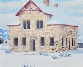 14" x 18" original oil painting of the historic Casper, Wyoming Goose Egg Ranch in Winter, entitled "Goose Egg",  by Casper artist Marie Dorothy Dolph (1884-1979). Large Dolph paintings like this one are very hard to find. Most of the artist's work was small 4" x 4" or 5" x 4" paintings. Signed with original 20" x 24" frame and label. Don't miss this beautiful painting.