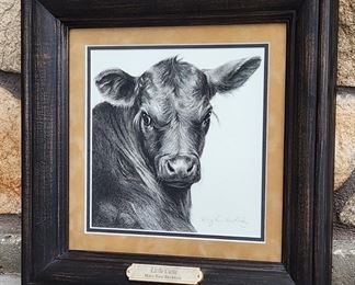 Original charcoal and graphite drawing of a calf, entitled "Little Cutie", by Texas artist Mary Ross Buchholz. 9" x (" image in a 16" x 16" frame.