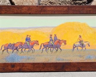 Very fine watercolor and gouache painting with pencil highlights on artist's board, entitled "Military Patrol", by New Mexico artist Edmond Jules DeLavy (1916-1989), undated, 11" x 24" in a 14 1/2" x 27 1/2" frame.
The artist was a member of The Salmagundi Club (an association of New York artists), where this painting was sold at auction in their Spring Auction in 2001 (labels on the back).
DeLavy was inspired to become an illustrator by NC Wyeth's illustrations for Treasure Island. From 1934 to 1938, he studied at The Pratt Institute in Brooklyn, NY. He then worked as an illustrator of western pulp novels, such as Western Stories and Wild West Weekly.
After serving in WW2, he traveled cross country and visited New Mexico, returning there in 1959 to build an adobe studio in Bernadillo, near Albuquerque, exhibiting his paintings in Old Town Albuquerque.
He returned to New York in 1961, then returned again to Bernadillo in 1970, where he lived and painted for the remainder of his life. H