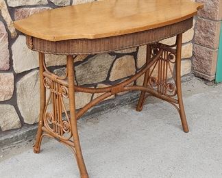 Antique Heywood Wakefield Wicker & Oak Table with original metal Heywood Wakefield tag.