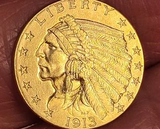 1913 US Gold Piece Quarter Eagle Indian Head Coin. We have many other gold and silver coins.