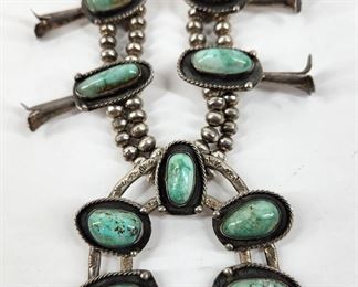Very fine mid century Navajo silver & turquoise squash blossom necklace.