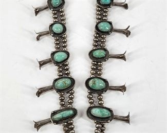 Very fine mid century Navajo silver & turquoise squash blossom necklace.