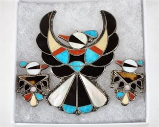 Inlaid Zuni thunderbird brooch and clip earrings