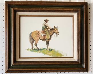 Original 1976 oil on artists board painting of a cowboy on horseback by Wyoming artist Harold Hopkinson (1918-2000). 11" x 14" in an 18" x 21" frame.