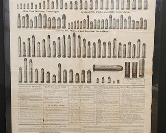 advertisement showing the cartridges of the United Metallic Cartridge Company, prior to its merger with Remington. Appears to be circa 1880, as the testimonials at the bottom are all from the 1870s. The broadside is shrink wrapped on acid free foam core, but is not attached to the foam core, so it can be removed for framing or shipment if you wish. Great to frame. Printed on very thin tissue paper.