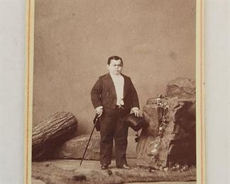 Mid 1800's carte de visite picturing Major Dot, midget performer in the P. T. Barnum circus. CDV measures 2 1/2" x 4". Photo taken by Charles Eisenmann, 229 Bowery, New York City. His name was Leopold Kahn, and he was the uncle of another midget performer, Samuel Kahn, known professionally as Major Atom. Lot 270 of this auction is a CDV of Major Atom.