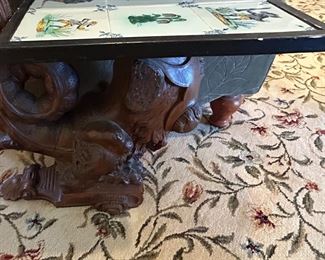 Antique Carved wood  Side  table with Gargoyle & tile top 