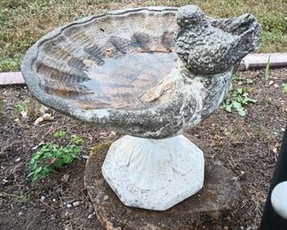 Concrete Bird Bath with Shell Theme and Perched Bird