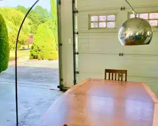 Danish Mid Century Modern Dining Table & Chairs, Mid Century Modern Chrome Arched Floor Lamp