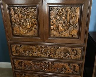 Hand carved teakwood chest of drawers plus matching dresser with mirror, queen headboard, and 2 nightstands. 