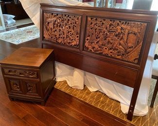 Teakwood queen headboard and 1 of 2 nightstands