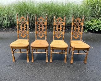 ALL 4 chairs $450
1950s or early 1960s chairs inspired by the 19th Century Mexican Hacienda style. Backs carved in Spanish colonial motifs. The rush seats are original to the chairs, still intact, sturdy and very comfortable. Cross hand-carved stretchers&nbsp;on each of the four sides offer the strength needed for a piece like this to live till next century.
Dimensions: 16.25" w 16" d 42.5" h seat height 17.5