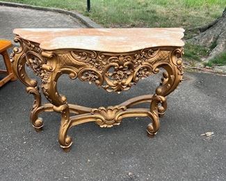 Sofa console table  
48”L x 18”D x 31”H 
(Marble has a repaired crack in it)