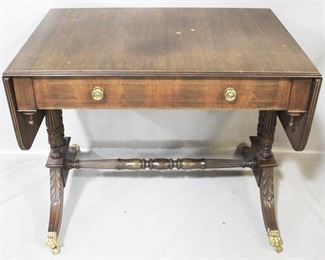 81 - Duncan Phyfe mahogany drop side window table with drawer & brass toes / casters 36" x 25" x 28"
