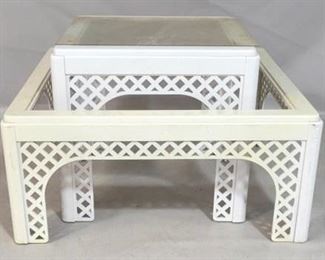 501x - White Lattice Tables - AS IS large square coffee table missing glass, small side table has glass but does not fit
