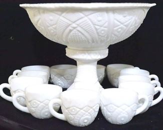 529 - Vintage milk glass punch bowl, stand, 12 cups
