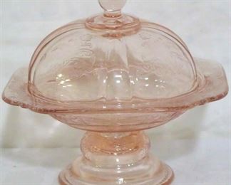 536 - Pink Madrid depression glass covered butter Footed, 7 x 7 x 7
