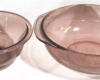 867 - Pair of Cranberry Pyrex Bowls 7" round and 10" round
