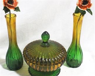 901 - 3 pc. Set of Carnival Glass w/ 2 Ceramic Flowers
