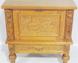 2352 - Heavy Carved Figural Fall Front Chest w/ key 34.5" x 34" x 18"
