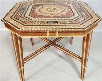 2403 - Gorgeous inlaid game table with names 30 x 37.5 x 37.5
