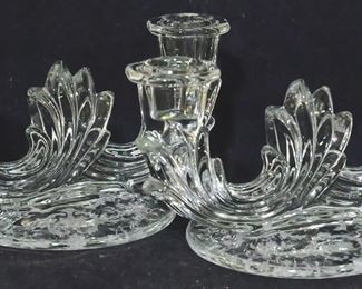2600 - Pair Fostoria Baroque Navarre Candleholders 4.5" x 8" x 5"
