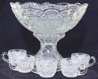 2626 - Pressed Glass Punchbowl Set - 5 cups, bowl & stand 10.5" x 12"
