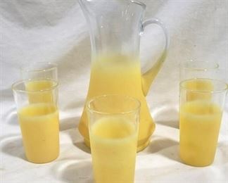3229 - Blendo Yellow Frosted Glass Pitcher w/ 5 glasses pitcher - 11" tall glasses - 5" tall

