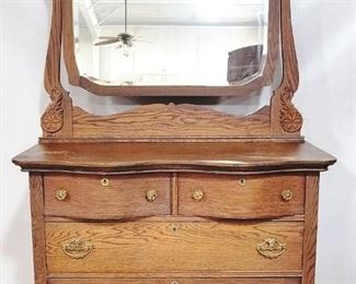 3232 - Oak Dresser w/ unique Carved Beveled Mirror 70 x 42 x 21
