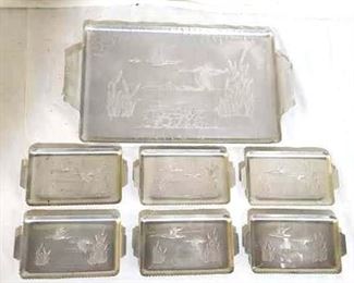 3254 - Large Aluminum Tray w/ 6 matching snack plates Tray 16 x 9.5
