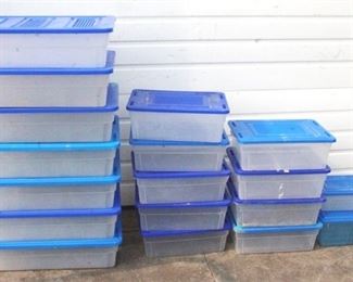 4164 - Lot of 18 Plastic Totes - Assorted Sizes 6 x 24 x 14, qty 7 6 x 6 x 11.5, qty 9 4 x 13 x 7.5 & 6 x 16 x 13
