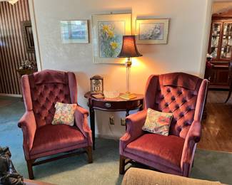 Pair of mob wing, back side, chairs, cherry, half table, artwork, and accessories