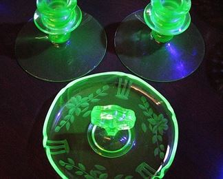 Vintage Green Glowing Uranium / Vaseline Etched Desert Serving Tray / Candle Stick Holders