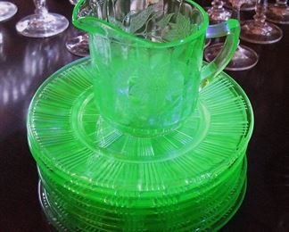 Uranium Green Glowing Depression Glass Plates and Creamer