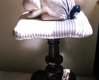 Antique Piano Bench with Large Ceramic Blue & White Rabbit