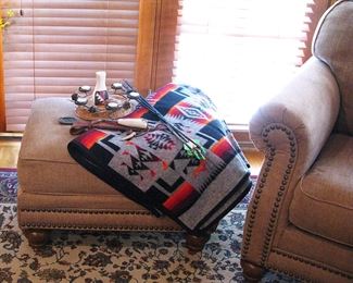 Upholstered Ottoman with Nailhead Trim Wood Feet