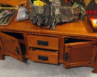 Amish Oak Coffee Table with Cabinets and Drawers