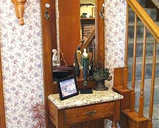 Vintage Oak Hall Tree, Marble and Mirror Entryway Hat Rack